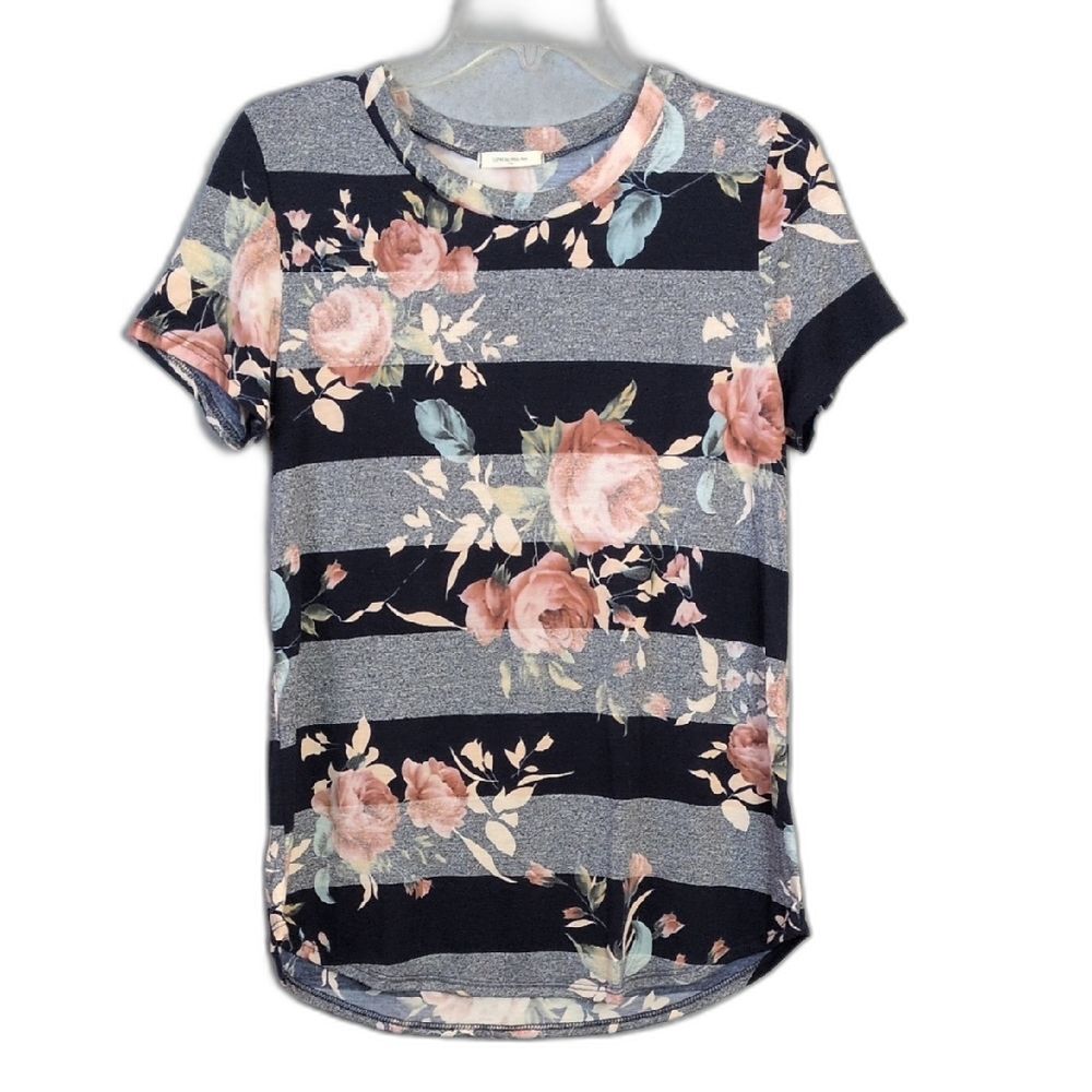 12PM Mom Ami Blue Pink Striped Floral Tee Stretch Women's L
